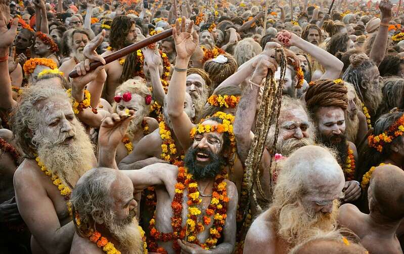 Sadhus dancing and enjoying at Kumbh Mela in Prayagraj