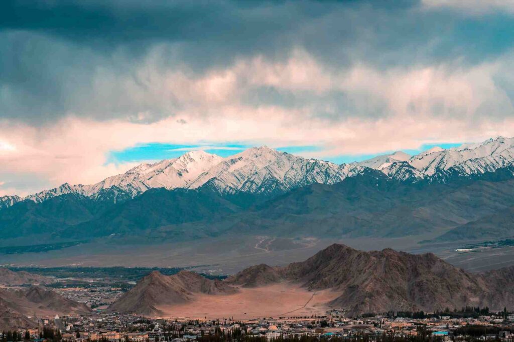 Leh Town with Snow clad mountains in the background