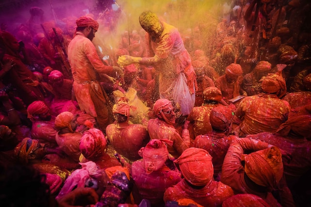 People enjoying colourful festival of Holi in Vrindavan