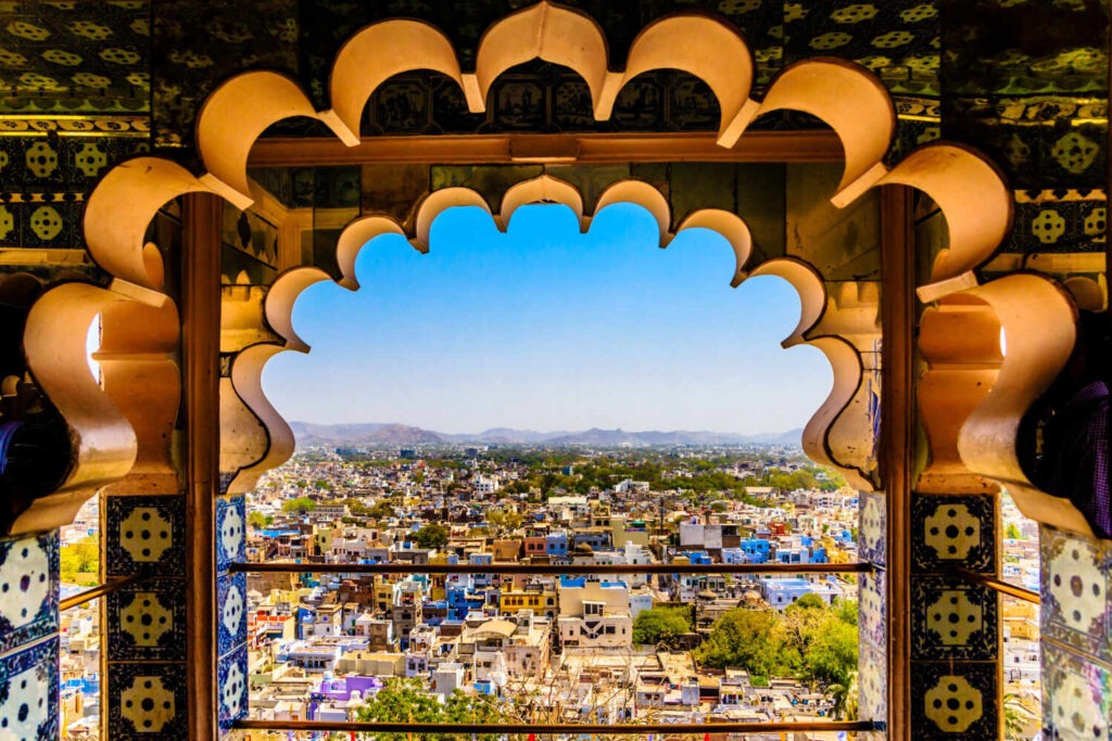 Cityscape of Udaipur seen from Jodhpur palace window, Rajasthan, India.