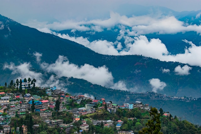 Scenic view of mountains with clouds in the background.