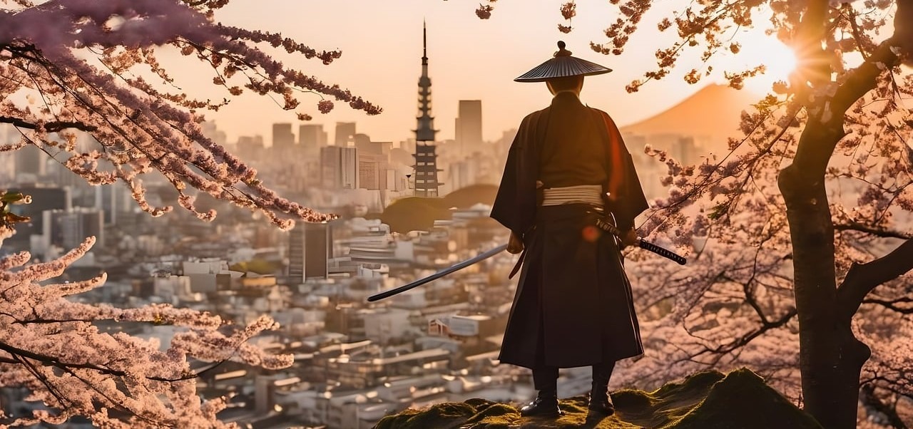 Man in traditional Japanese attire on hill, looking out over city.