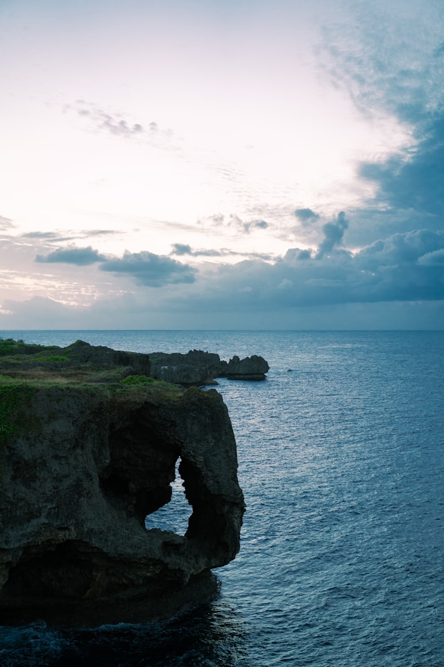 Ocean view from cliff edge, waves crashing against rocks below.