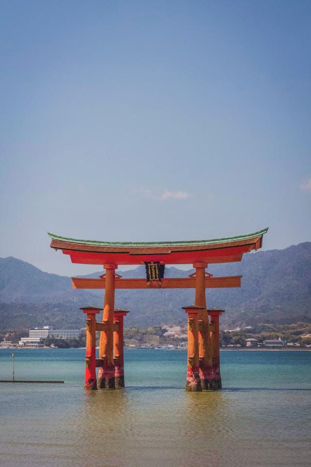 A majestic tori gate standing tall in the water, creating a serene and captivating scene.