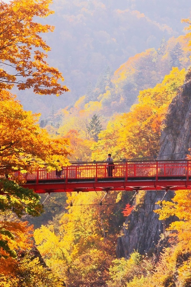 A picturesque autumn scene with a bridge spanning over a mountain, surrounded by vibrant, colorful trees.