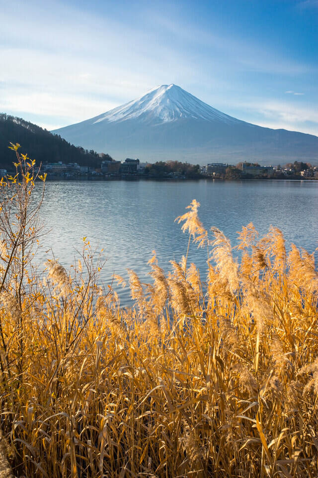 Scenic lake with towering mountain in the background.