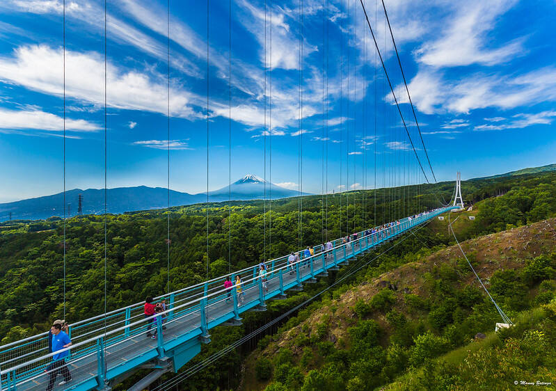 People walking on a suspension bridge over a majestic mountain landscape.