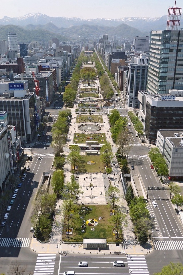 Aerial view of a city street with a central park, surrounded by buildings and bustling with activity.