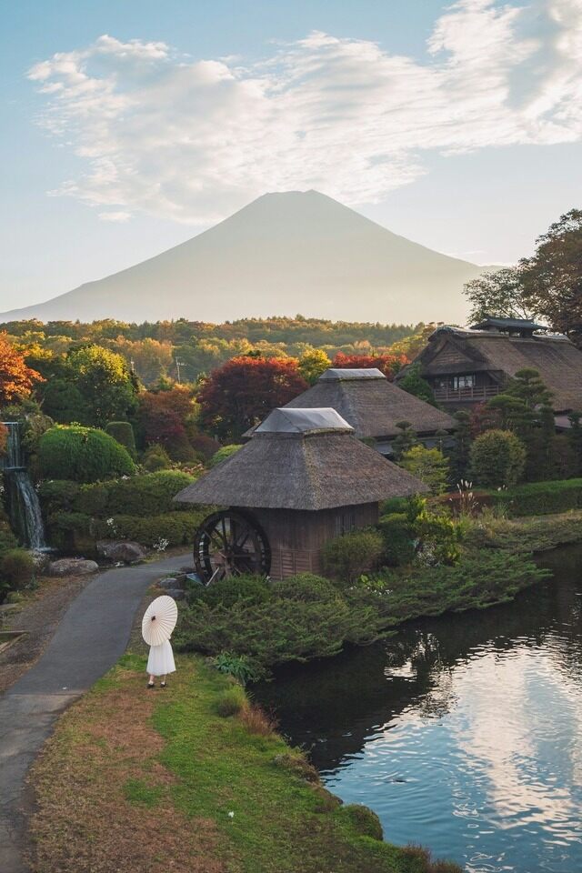 A woman walking on a path through a serene forest with Mt Fuji in the background.