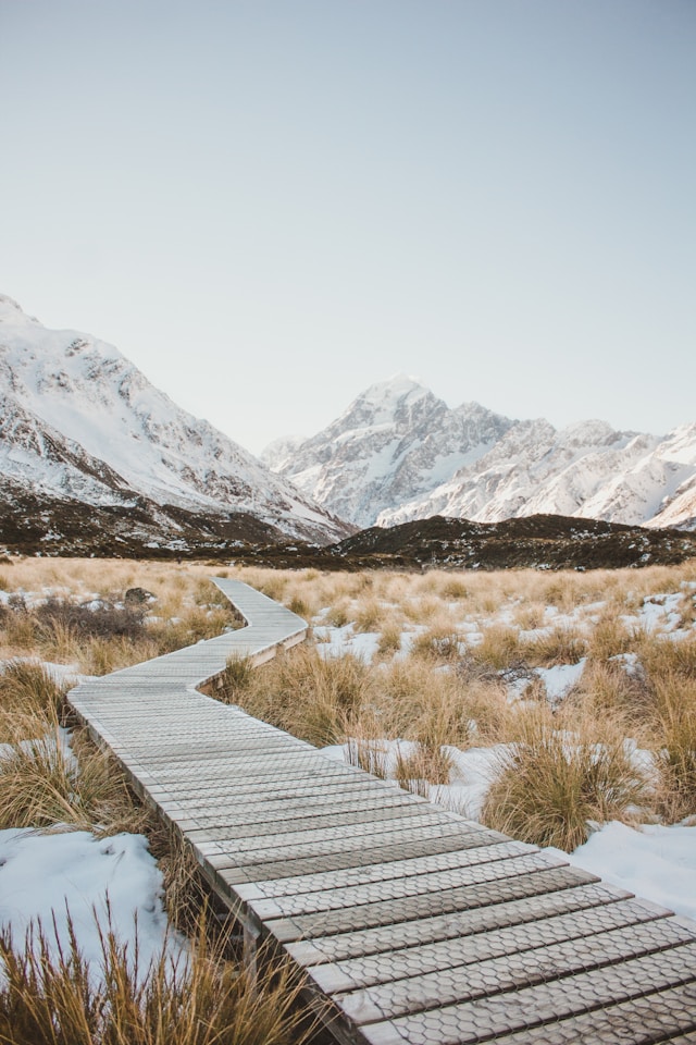 Snow-covered walkway in Hooker Valley, Mount Cook.