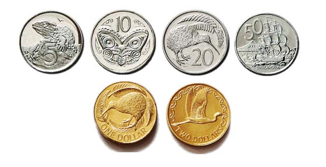 New Zealand coins featuring various animals including kiwi bird.