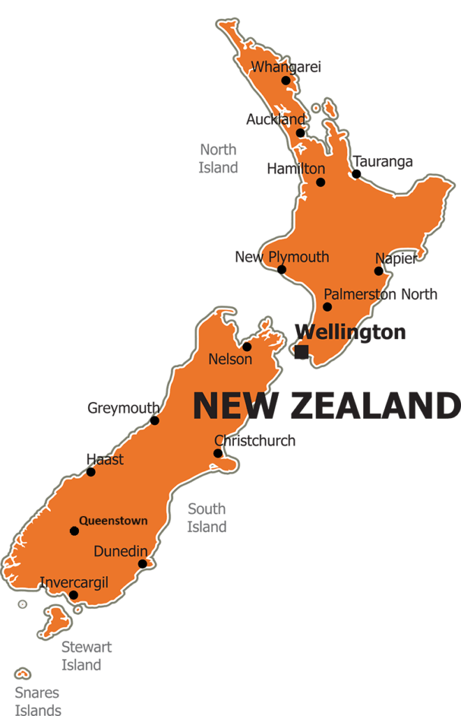 Map showing city names for New Zealand Travel Guide